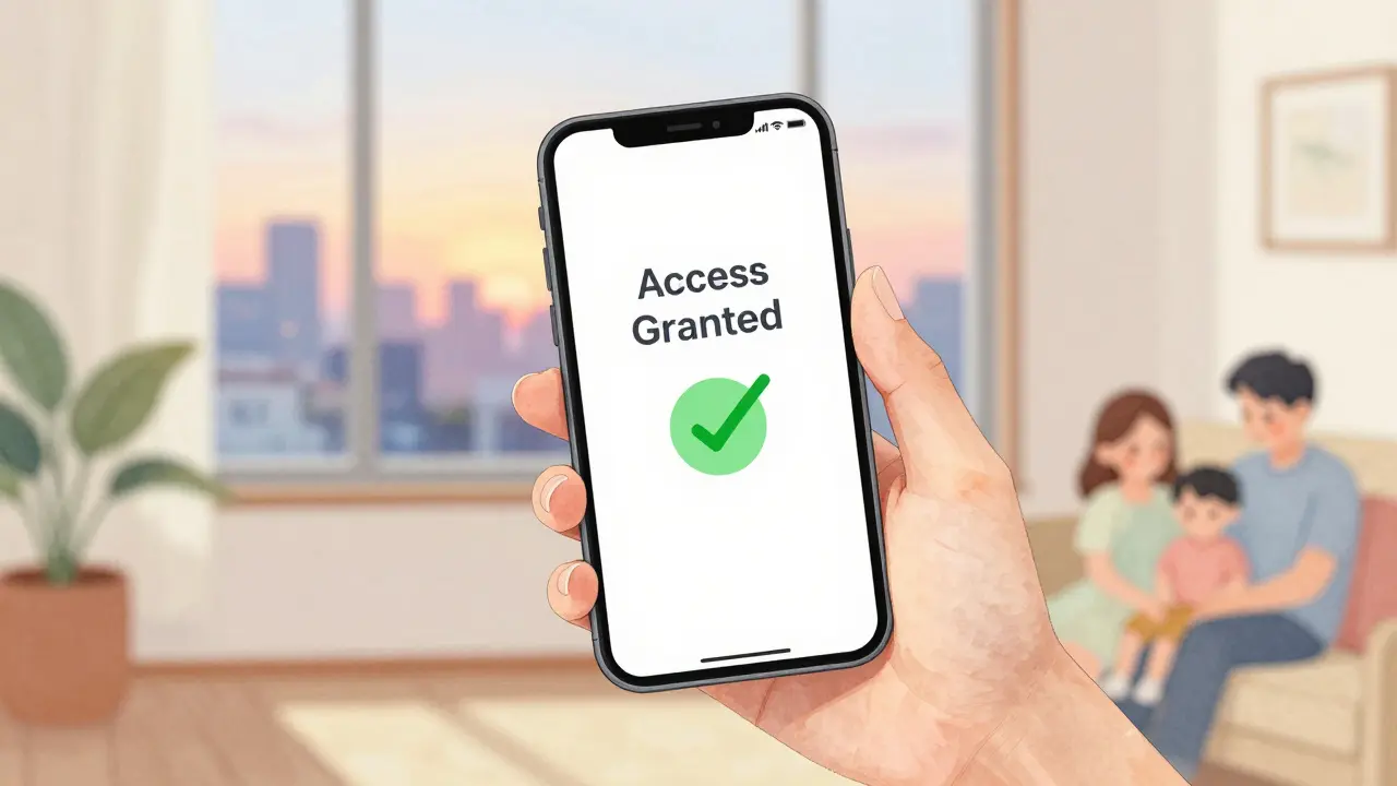 Mão segurando celular com notificação de acesso liberado em ambiente tranquilo